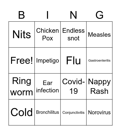 Nursery Illness Bingo Card