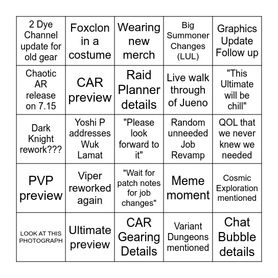 Live Letter 84 BINGO Card