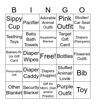 Julie's Baby Shower Bingo Card