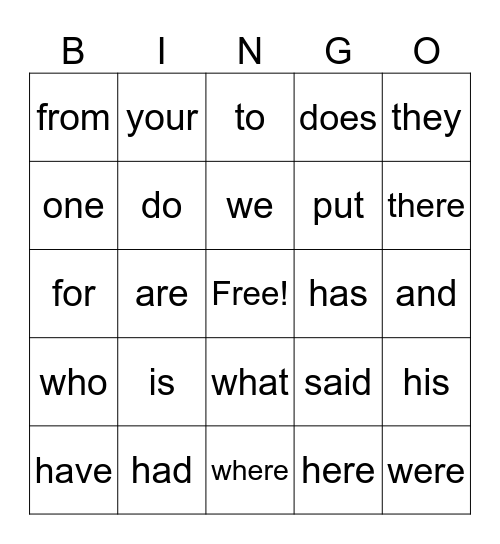 Sight Word Bingo Card