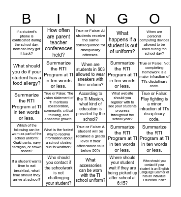 Tech International Family Handbook BINGO Card
