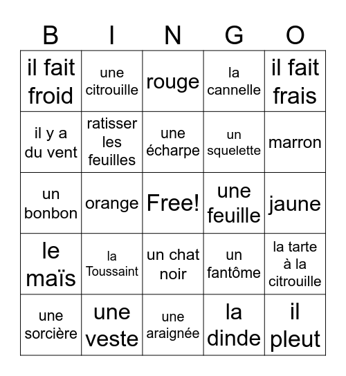 L'automne et l'Halloween en Français Bingo Card