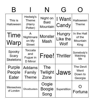 Spooky Songs Bingo Card
