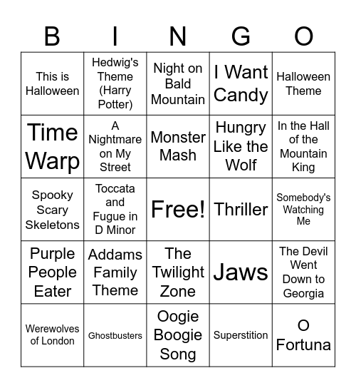 Spooky Songs Bingo Card