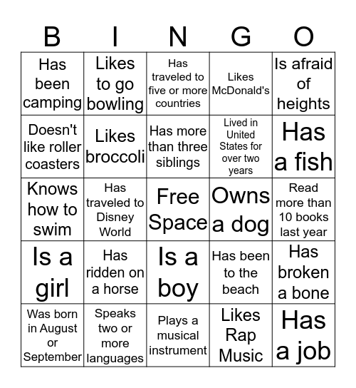 Tell Me About Yourself Bingo Card