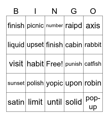 mixed syllable division Bingo Card