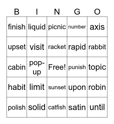 mixed syllable division Bingo Card