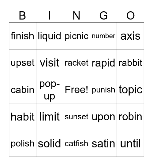 mixed syllable division Bingo Card