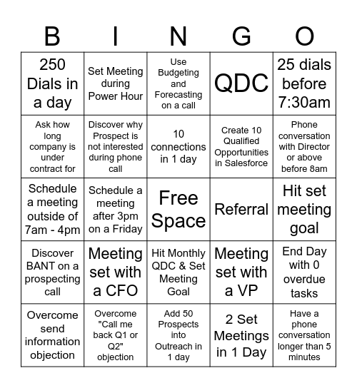 Bingo Competition Bingo Card