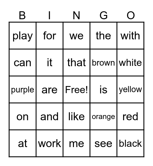 Sight Word Bingo Card