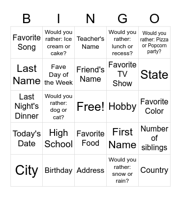 Personal Bingo Card