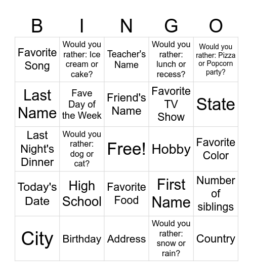 Personal Bingo Card