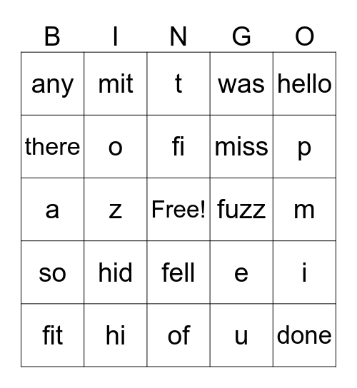Lesson 4 Bingo Card