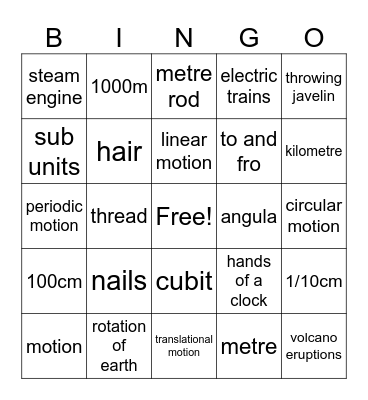 Measurement of Length and Motion Bingo Card