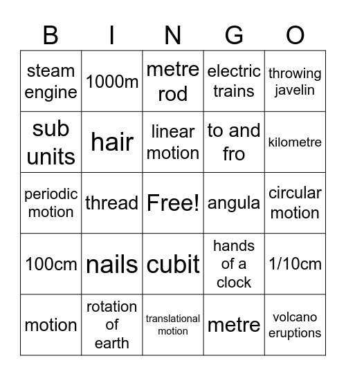 Measurement of Length and Motion Bingo Card