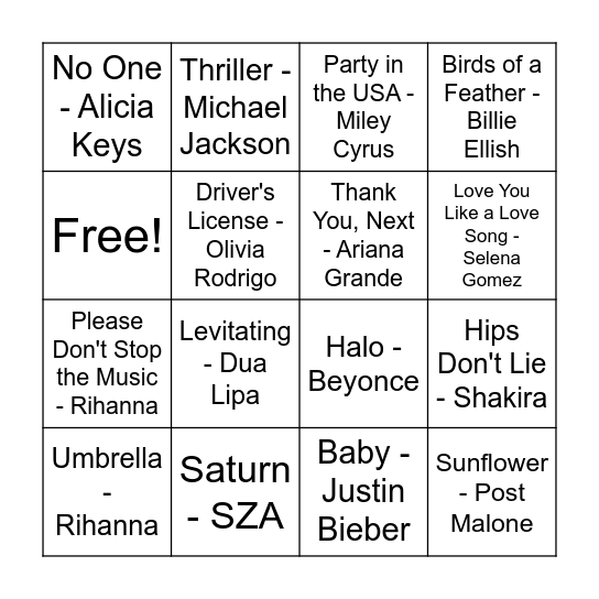 MUSIC BINGO Card