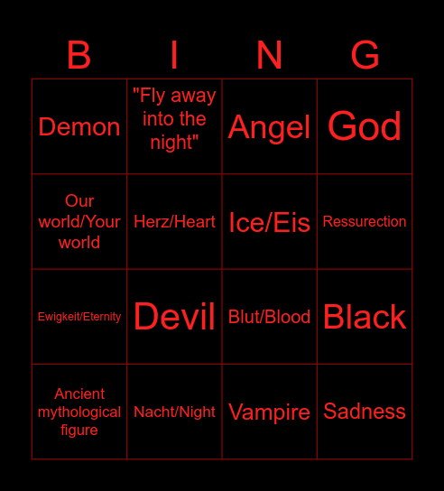 New Blutengel song Bingo Card