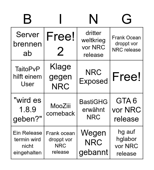 NRC release bingo Card