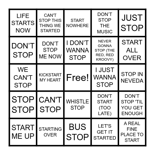 START/STOP Bingo Card