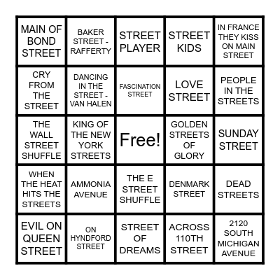 STREETS Bingo Card