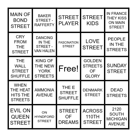 STREETS Bingo Card