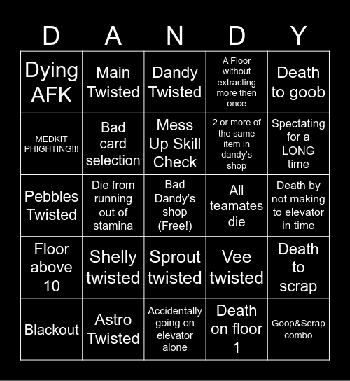 Dandy’s World Bigno Bingo Card