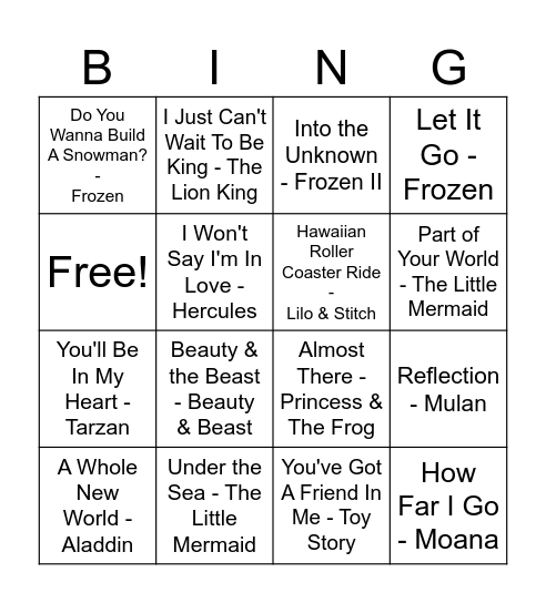 DISNEY MUSIC Bingo Card