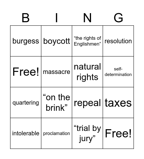 US History Ch. 4 Vocab Bingo Card