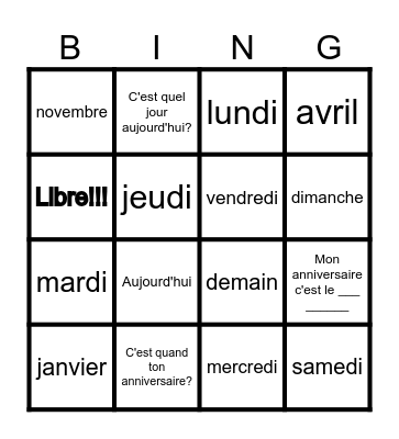 Dimitrova French 1 C'est quand ton anniversaire? Bingo Card