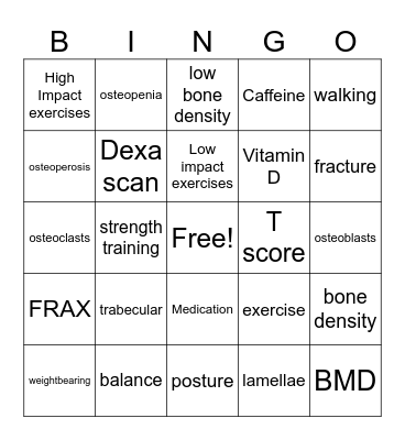 osteoperosis Bingo Card