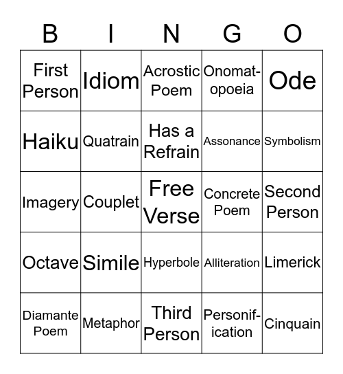 Poetry Bingo Card