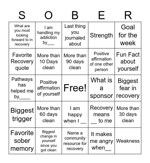 Recovery Bingo Card