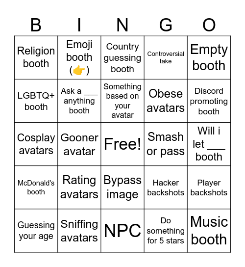 Rate My Avatar Bingo Card