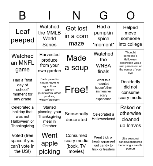 Fall Bingo Card