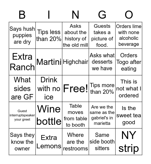 Gabriel's at the old mill Bingo Card