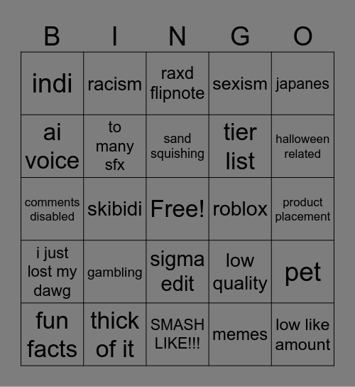 shorts bingo! Bingo Card