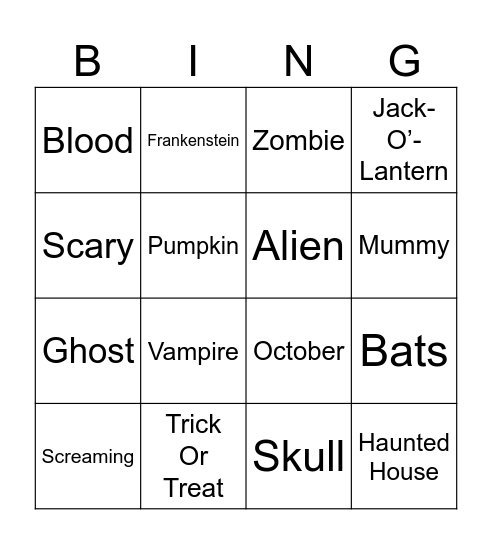 Scary Bingo Card