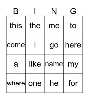 Sight Words Bingo Card