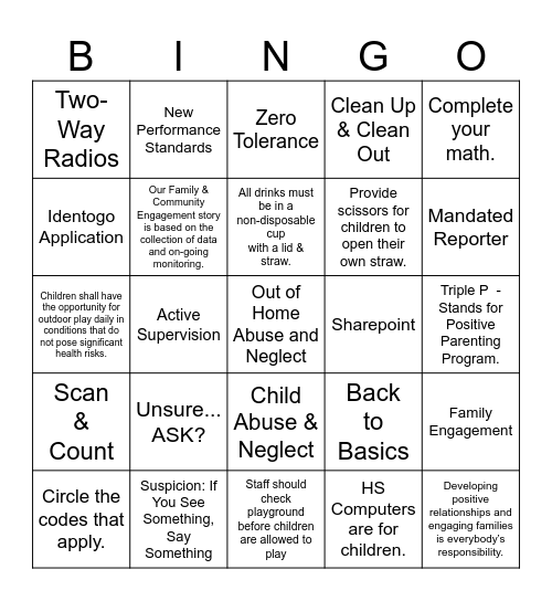 SHARE HS/EHS Training BINGO Card