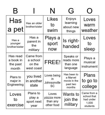 New Student Bingo Card