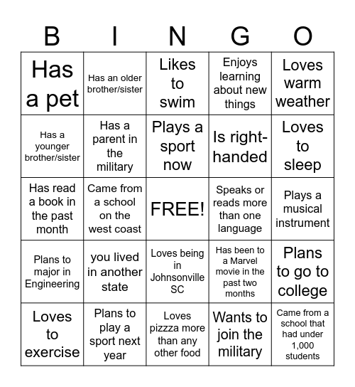 New Student Bingo Card