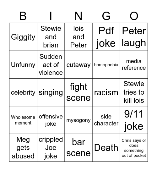 Family guy Bingo Card