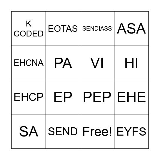 Education Acronyms Bingo Card