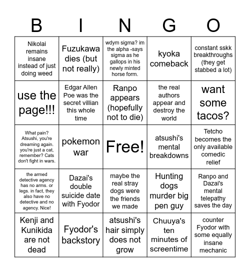 BSD season 6 (only slightly serious) Bingo Card