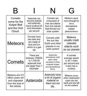 Meteors asteroids and comets. Bingo Card