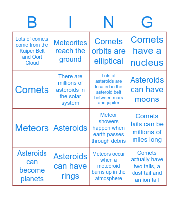 Asteroids, Comets, Meteors Bingo Card