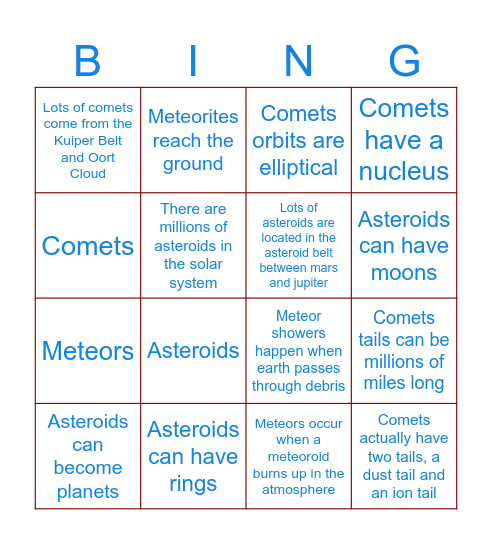 Asteroids, Comets, Meteors Bingo Card