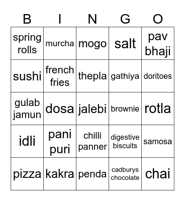 sanghrajka food favourite Bingo Card