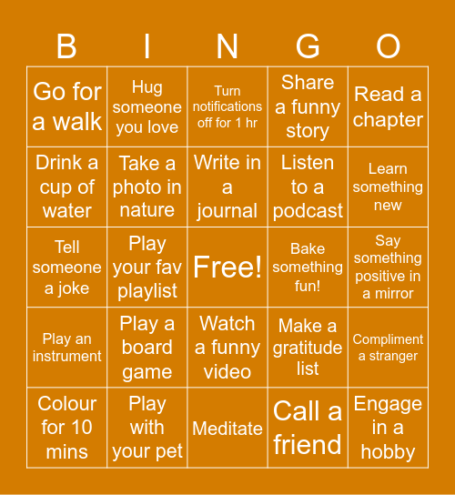 Stress Awareness Day Bingo Card