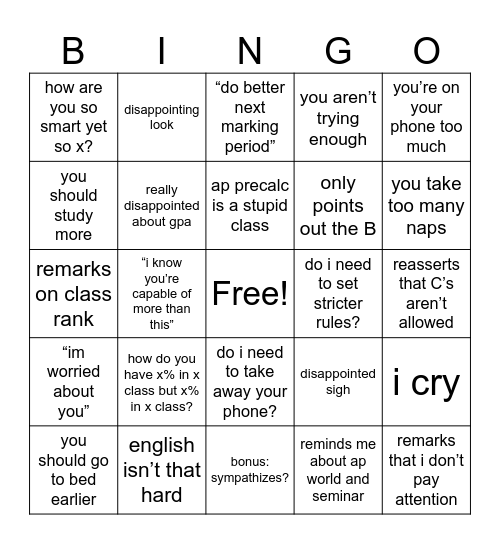 report card bingo Card